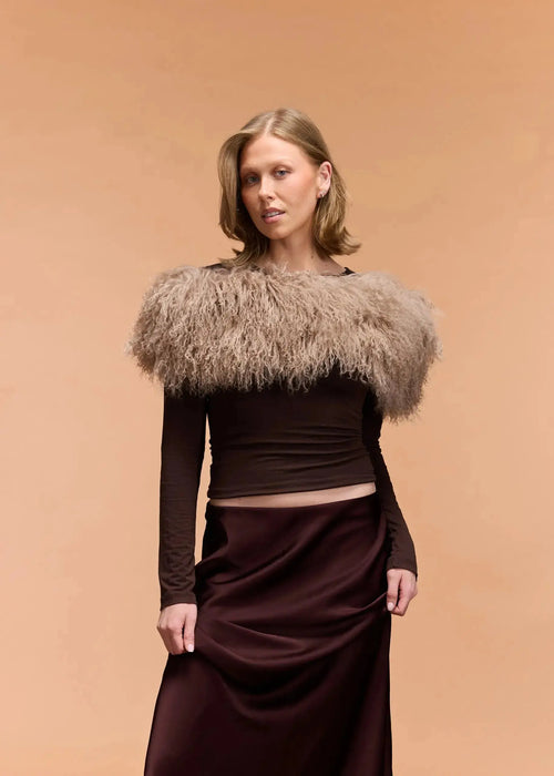 woman wearing fur scarf