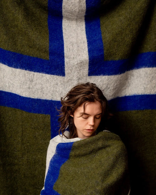 woollen blanket green with white big cross icelandic flag