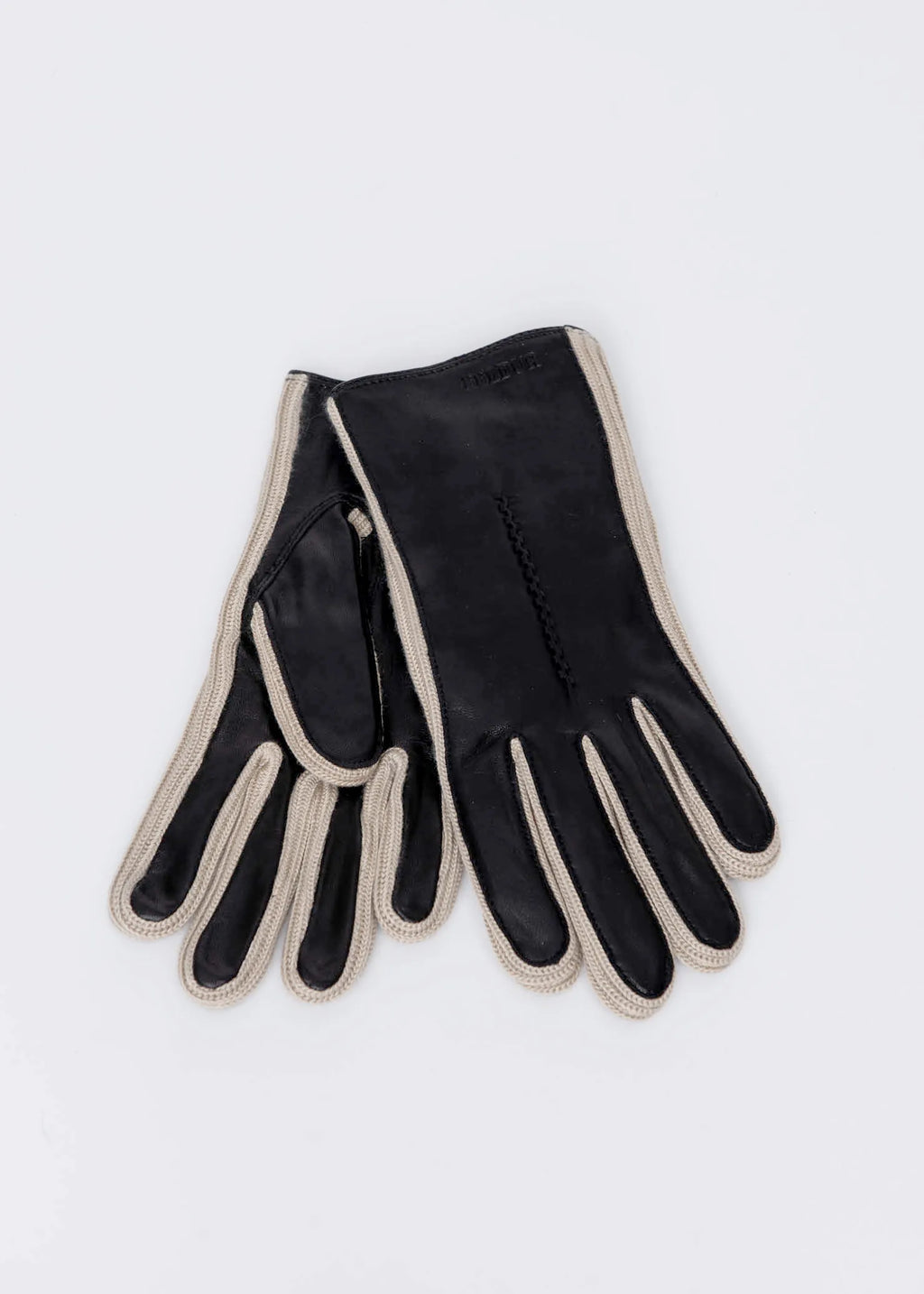Leather Gloves with Rib-knit Details | Hagl  | Black with Beige Rib-knit
