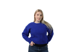 Woman wearing a blue sweater on a white background