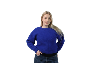 Woman wearing a blue sweater on a white background
