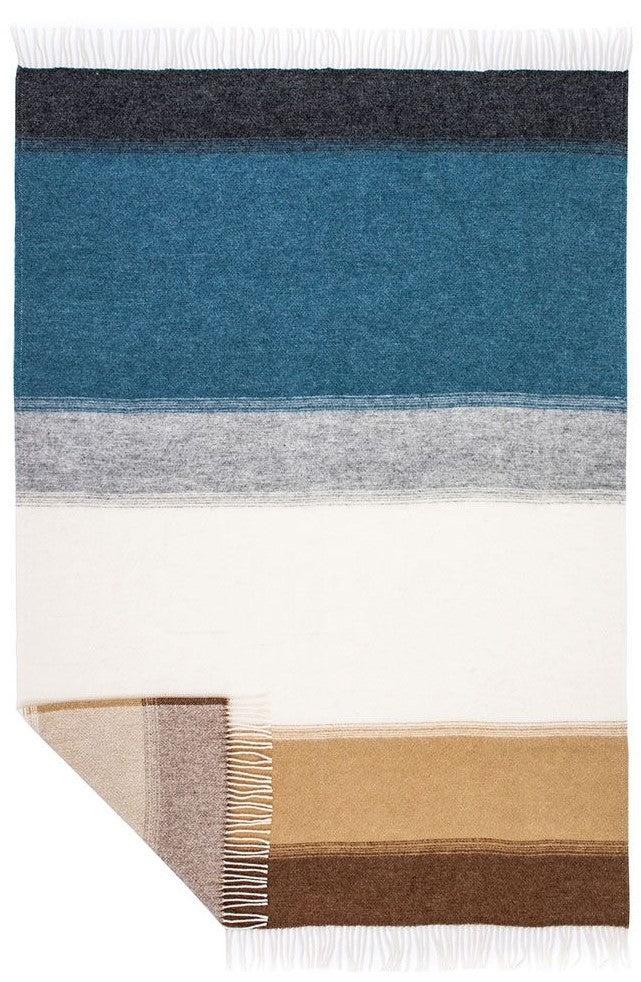 A striped woven blanket with fringe on two short ends, shown flat against a white background. The color bands include dark charcoal, teal blue, light gray, off-white, tan, and brown.
