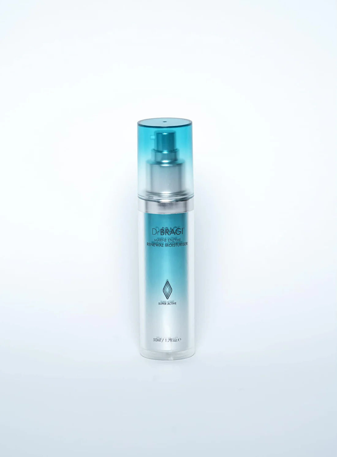 Skincare serum bottle with blue cap and label on a light gray background
