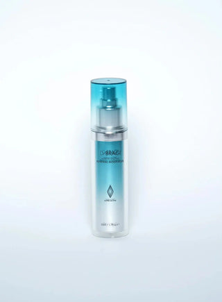 Skincare serum bottle with blue cap and label on a light gray background