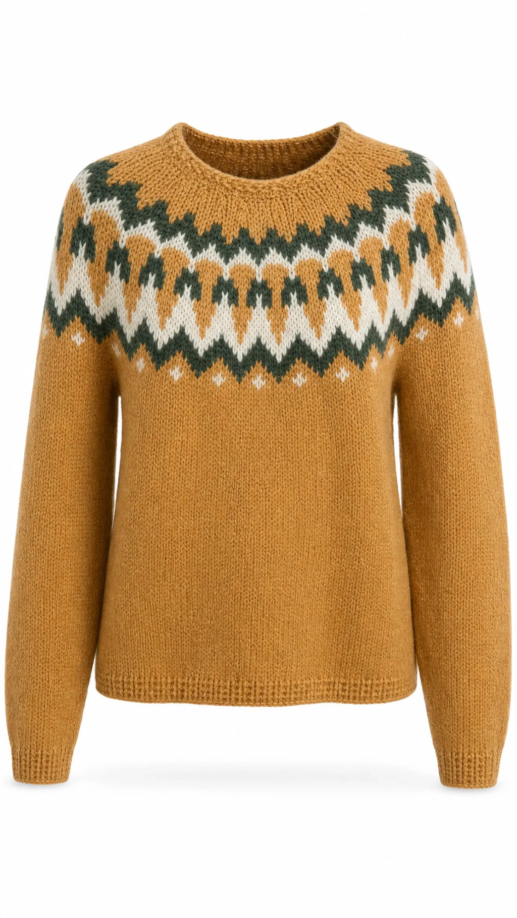 A mustard yellow knit sweater with a traditional icelandic  pattern across the chest in dark green, cream, and yellow.