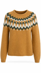 A mustard yellow knit sweater with a traditional icelandic  pattern across the chest in dark green, cream, and yellow.